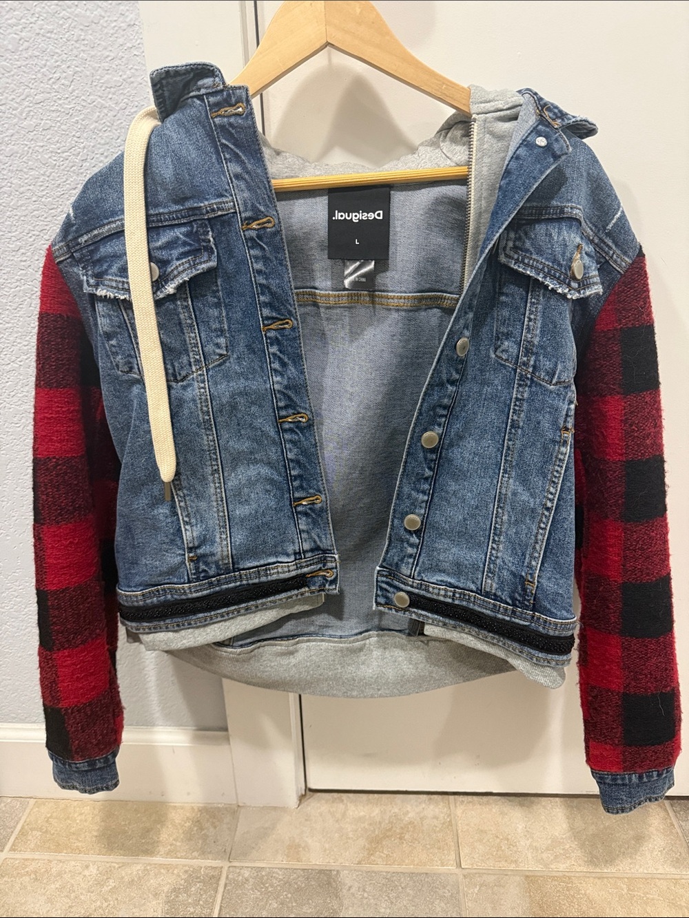 Desigual Denim Jacket with Red and Black Plaid Sleeves